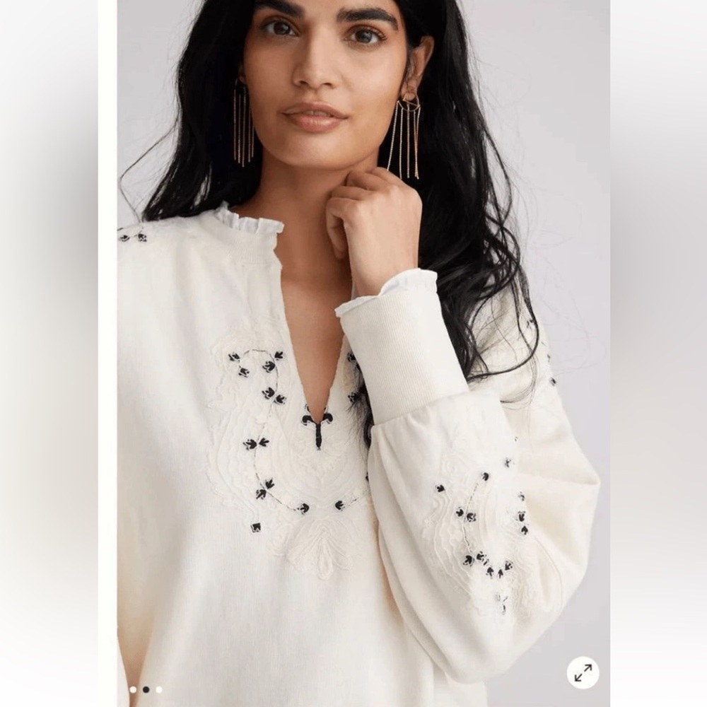 Anthropologie Ivory Embroidered Top S